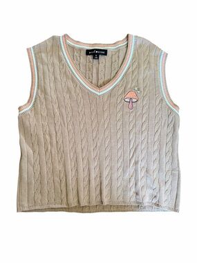 🌟Social Scene Beige Cable Knit V-Neck Tank with Mushroom Butterfly Embroidery